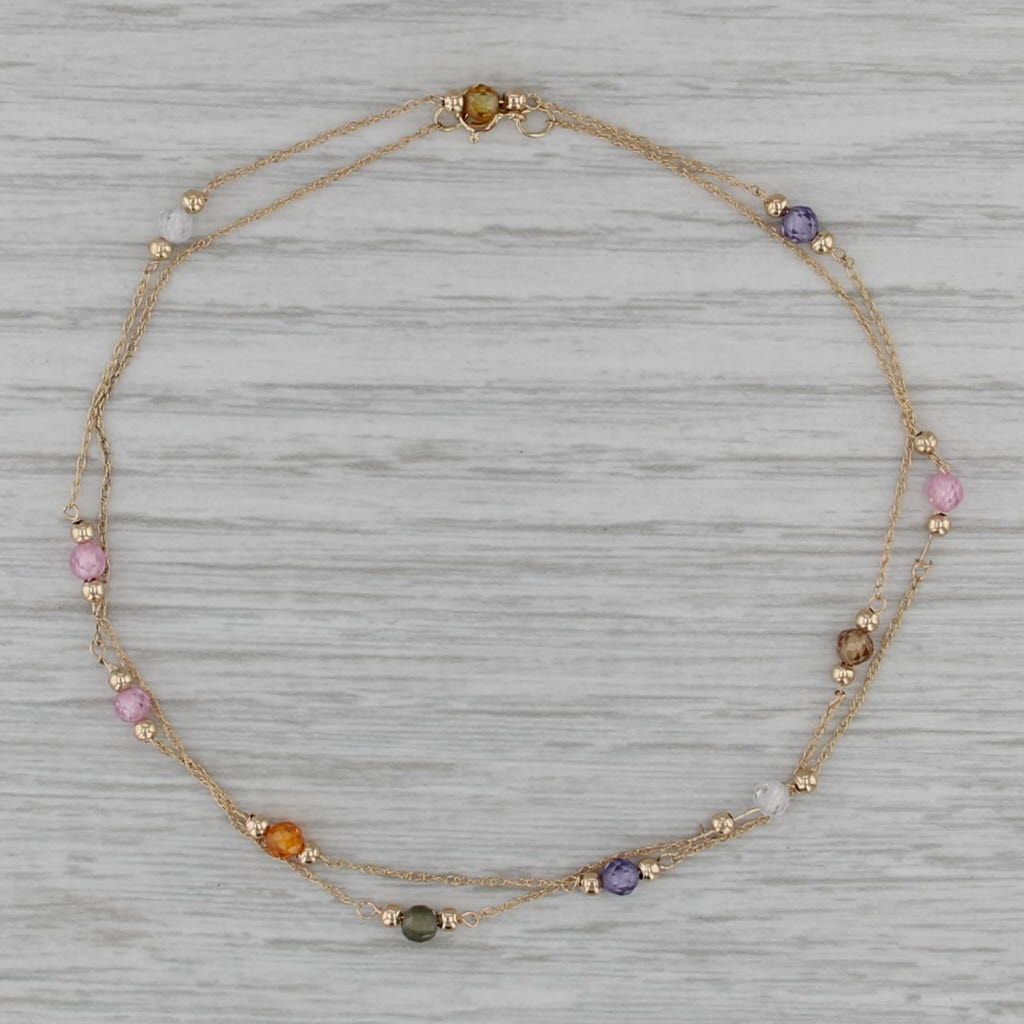 Mulitcolor Glass Bead Station Necklace 14k Yellow Gold 17" Rope Chain