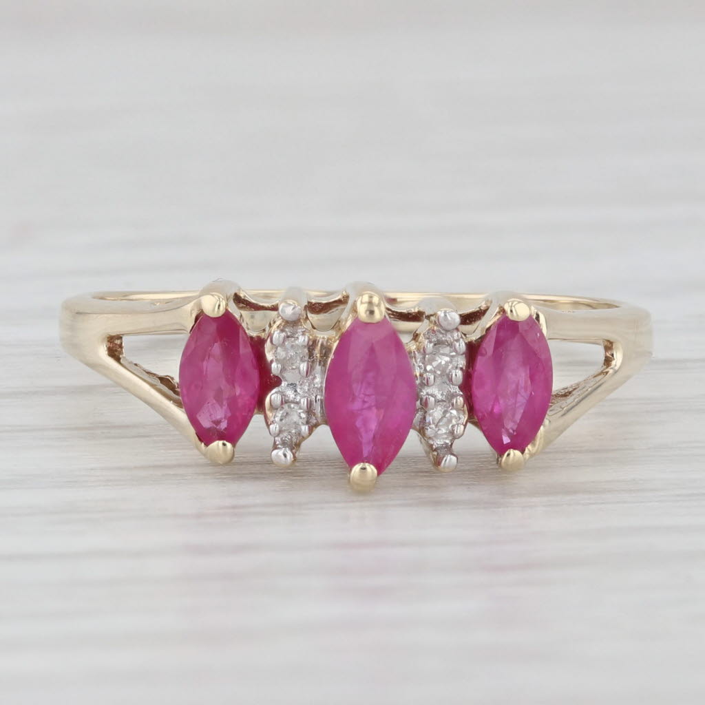 Light Gray 0.77ctw Marquise Ruby 3-Stone Diamond Ring 10k Yellow Gold Cathedral Size 8