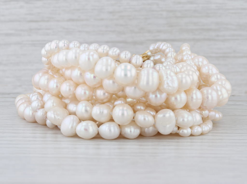 Vintage Multistrand Cultured Pearl Diamond Bracelet 14k Yellow Gold 9"