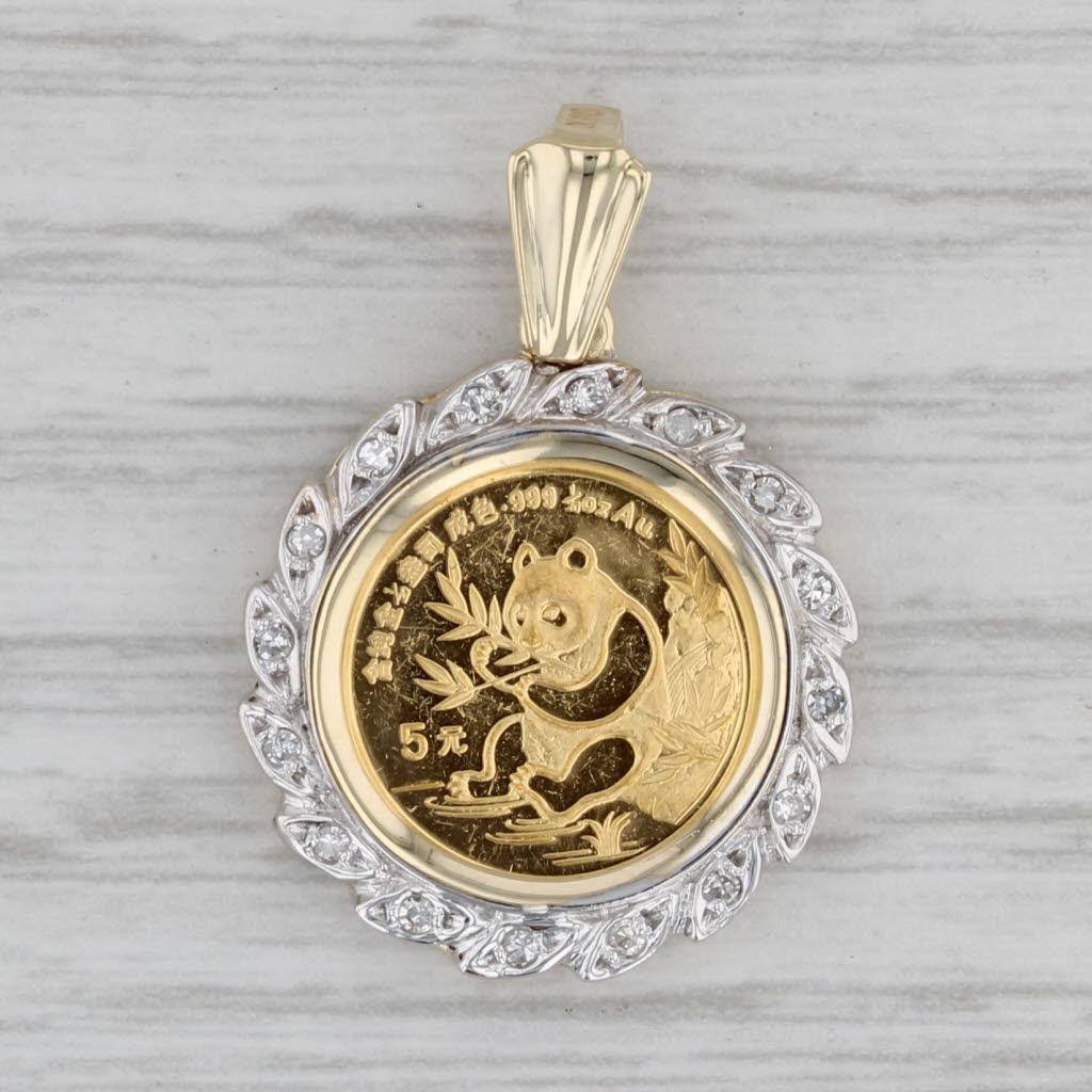 Gray 1991 Chinese Panda Coin Pendant Diamond Bezel 14k 999 Yellow Gold 5 Yuan