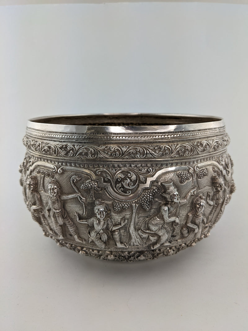 Gray Vintage Figural 950 Silver Large Bowl Repousse Myanmar Burma Handmade Asian