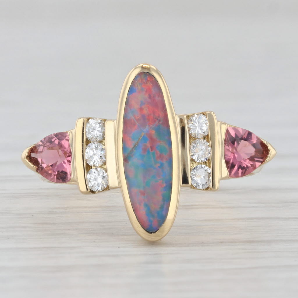 Light Gray Opal Diamond Pink Tourmaline Ring 18k Yellow Gold Size 6.25 AS IS