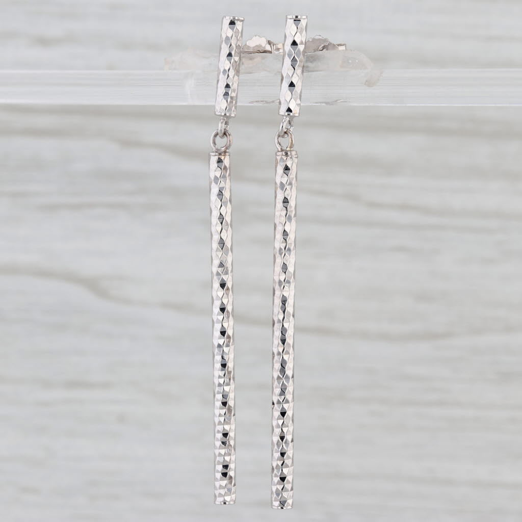 Diamond Cut Tube Dangle Earrings 14k White Gold Drops