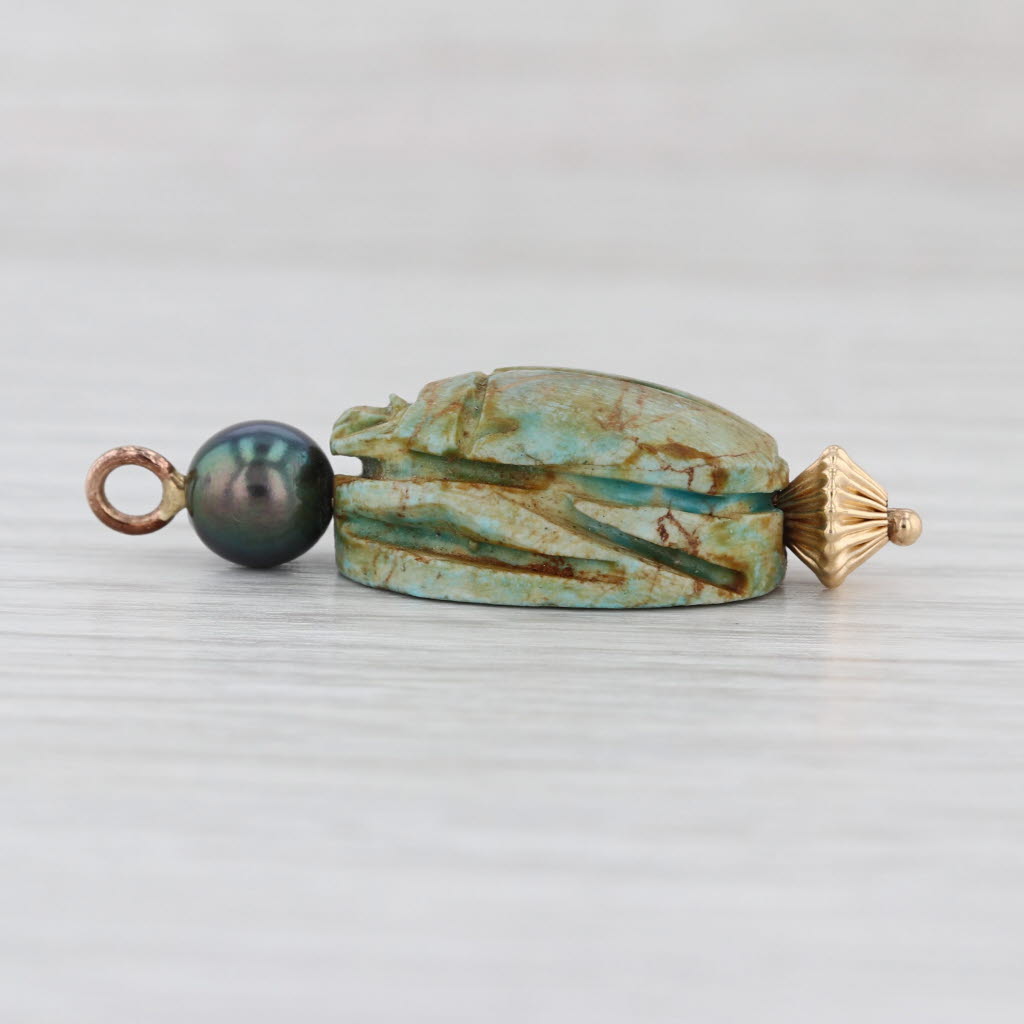 Faience Carved Scarab Black Pearl Pendant 14k Yellow Gold Charm Fob
