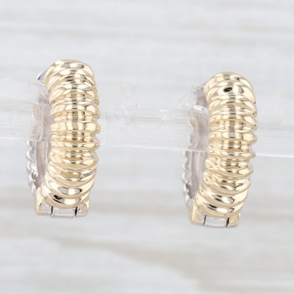 Light Gray 2-Toned Beveled Hoop Huggie Earrings 14k Gold Snap Top Hinged Round Hoops