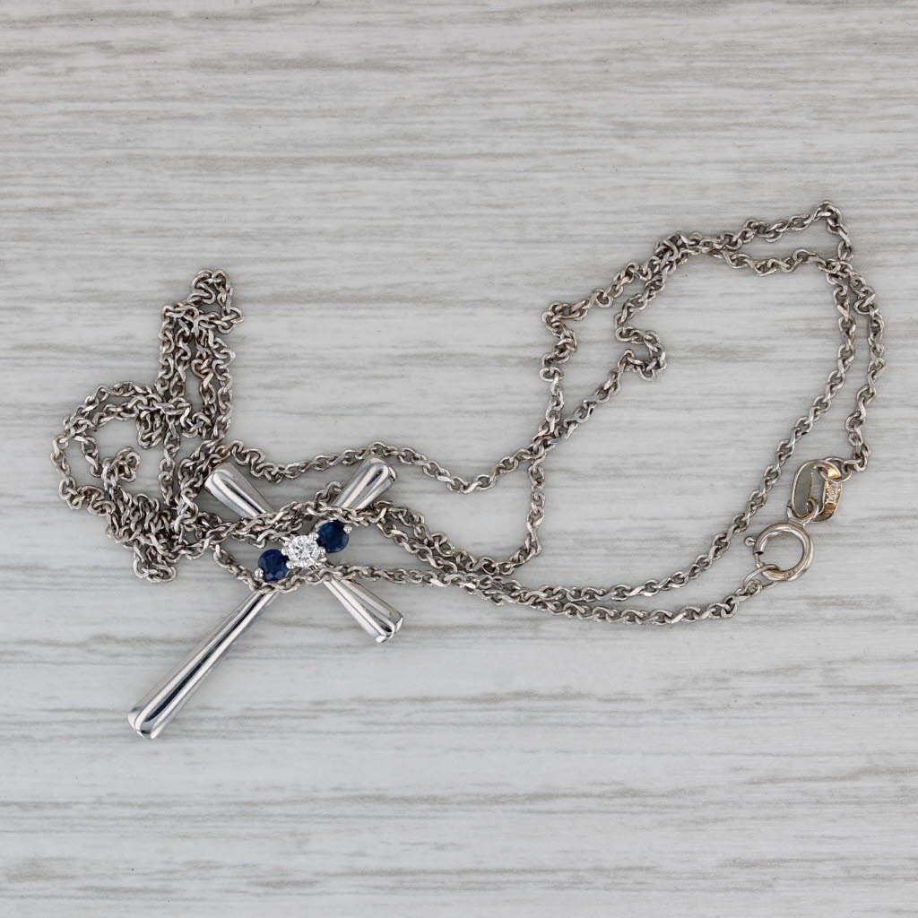 Gray 0.21ctw Blue Sapphire Diamond Cross Pendant Necklace 14k Gold 20" Rolo Chain