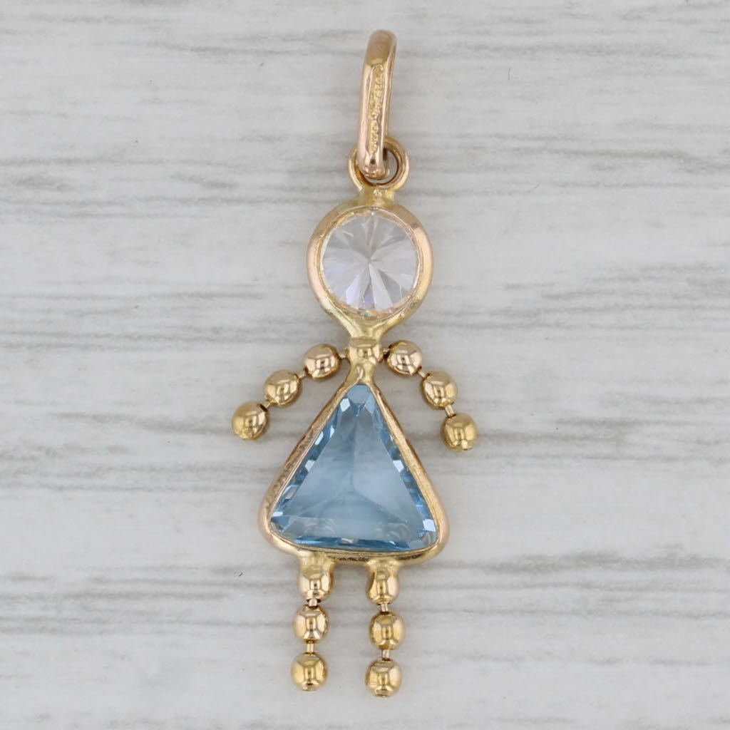 Gray Blue Cubic Zirconia Doll Child Pendant December Birthstone Charm 14k Gold