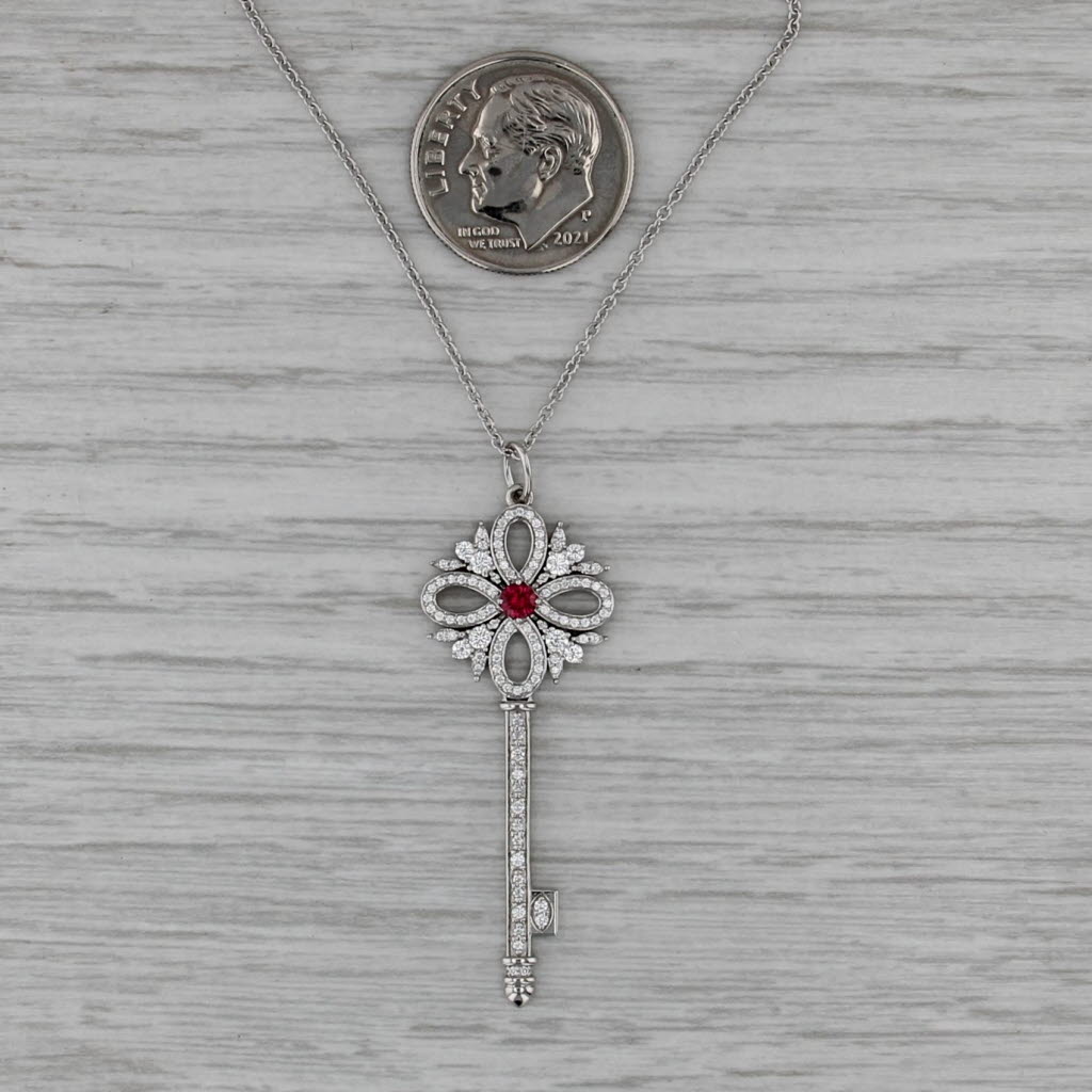 Tiffany Victoria 0.41ctw Diamond Ruby Key Pendant Necklace w/ Box Pouch 18k Gold