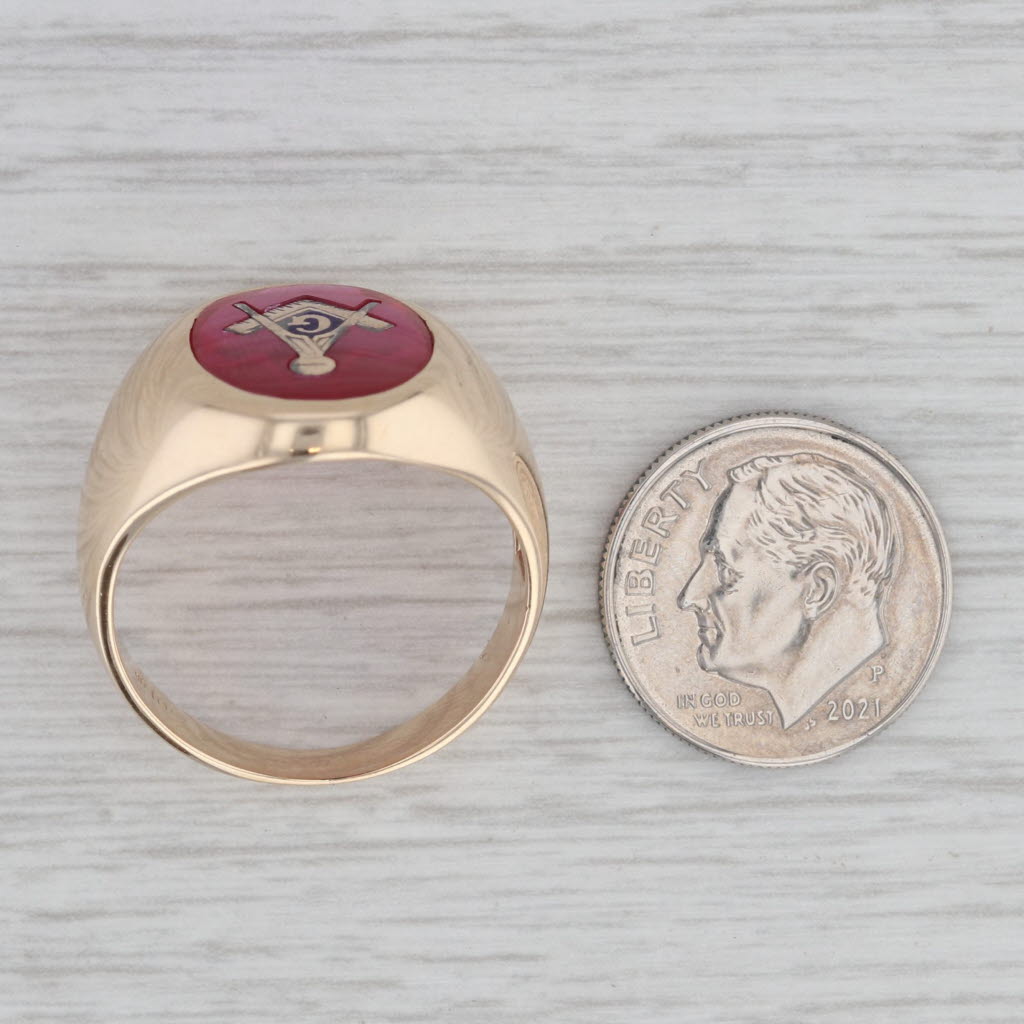 Gray Lab Created Ruby Masonic Signet Ring 10k Yellow Gold Size 10.25 Blue Lodge