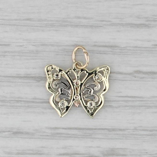 Small Tri-Toned Butterfly Charm 14k Yellow White Rose Gold Pendant