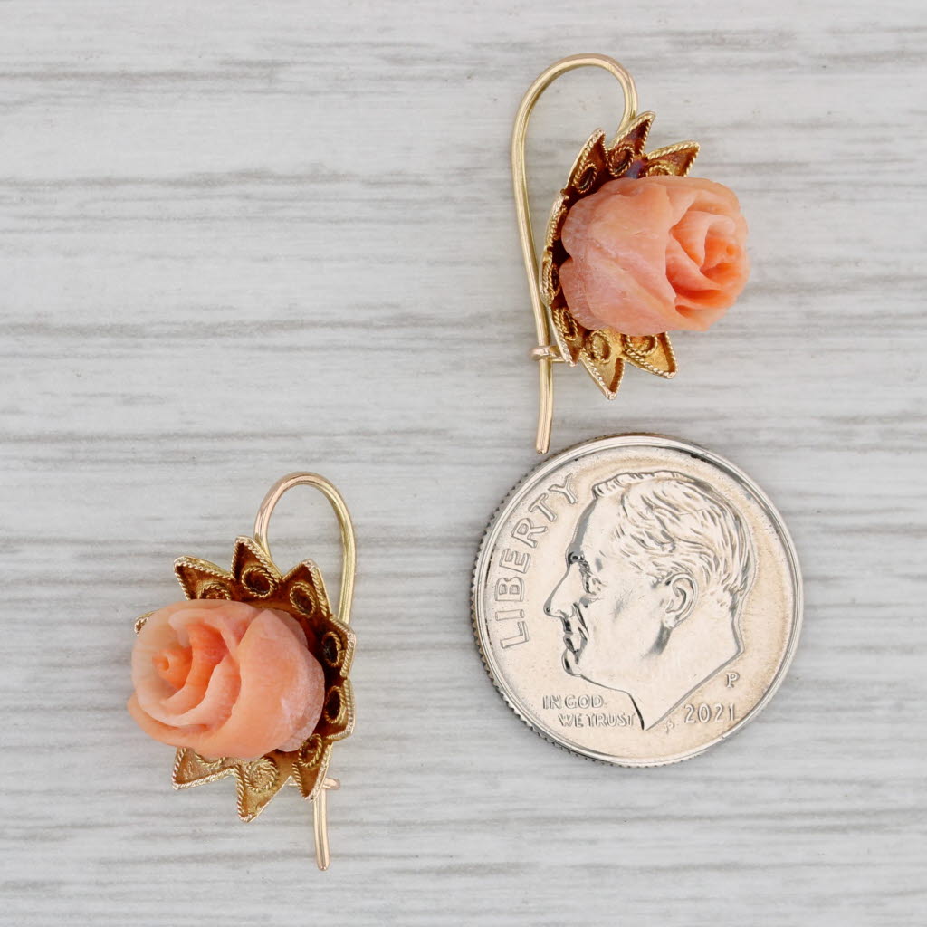 Gray Antique Carved Coral Rose Flower Earrings 10k Yellow Gold Drops