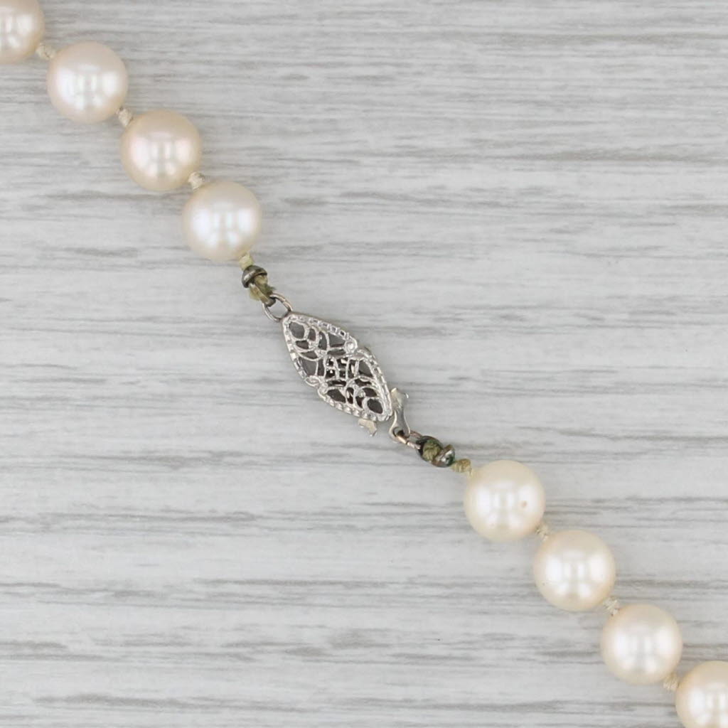 Vintage Cultued Pearl Single Strand Necklace 14k White Gold Filigree Clasp