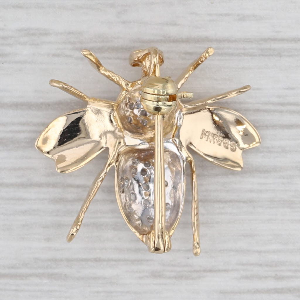 Diamond Bee Pin Pendant 14k Yellow Gold Bug Insect Jewelry