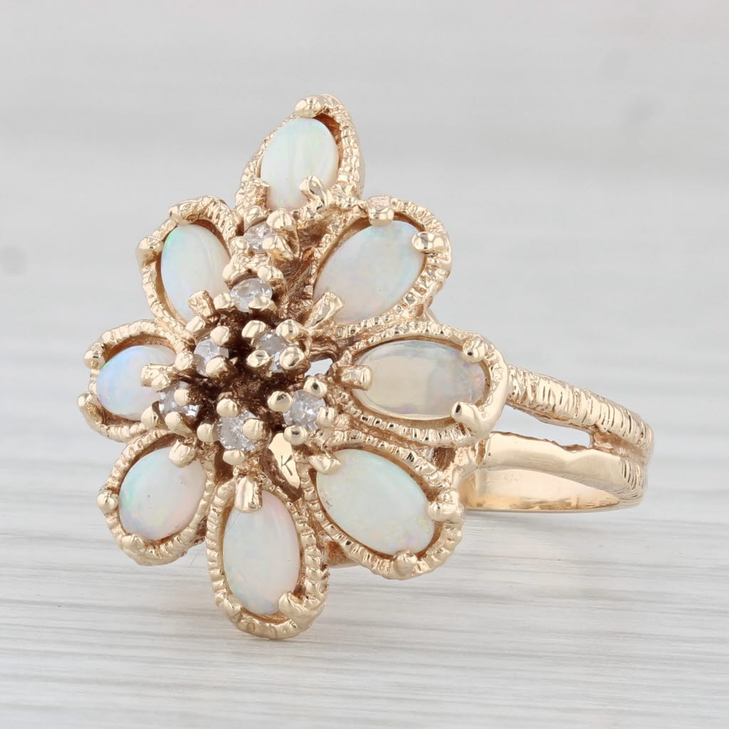 Light Gray Vintage Opal Diamond Flower Cocktail Ring 14k Yellow Gold Size 6.25