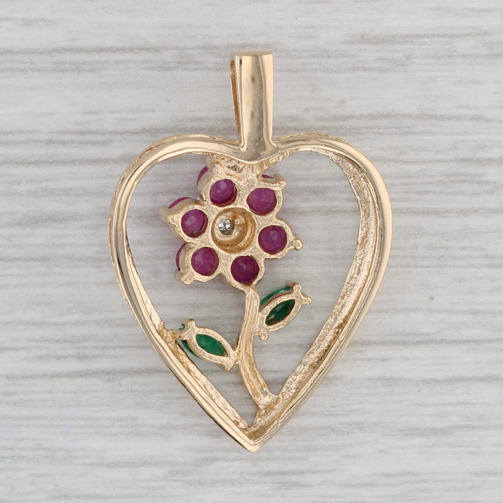 Gray 0.80ctw Ruby Emerald Diamond Flower Heart Pendant 14k Yellow Gold