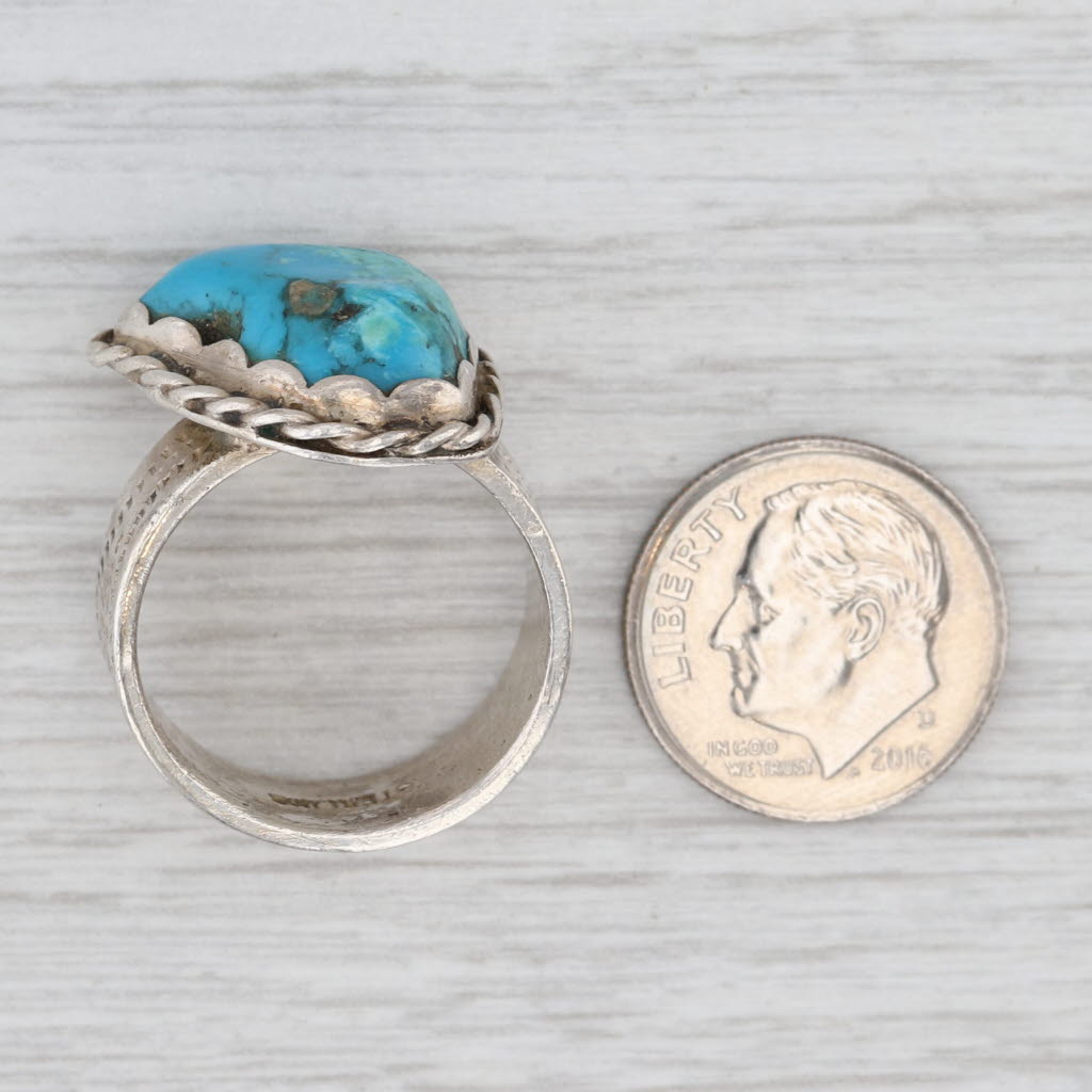 Turquoise Cabochon Ring Sterling Silver Vintage Native American Signed Sz 8