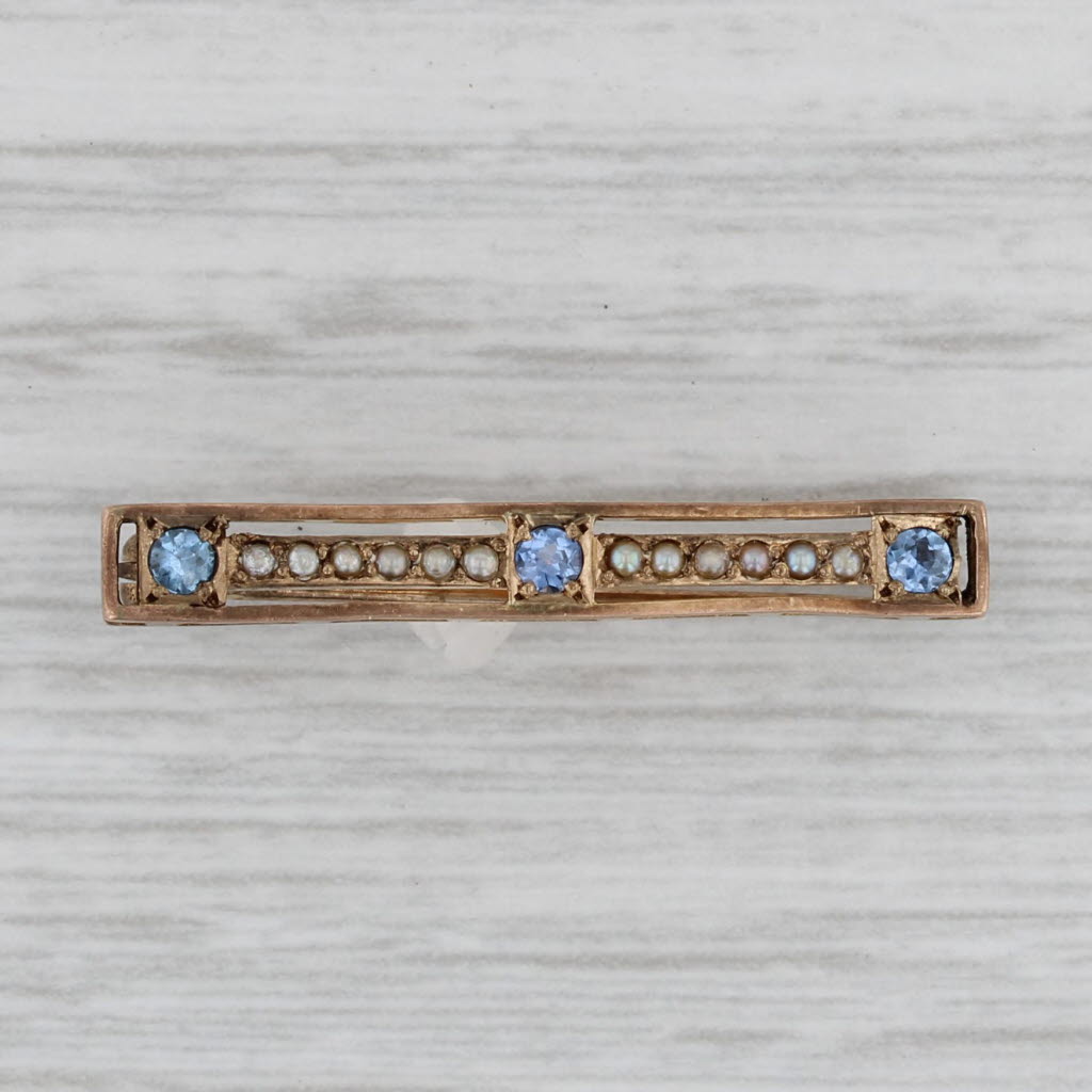 Gray Vintage 0.15ctw Blue Sapphire Pearl Bar Pin 14k Yellow Gold