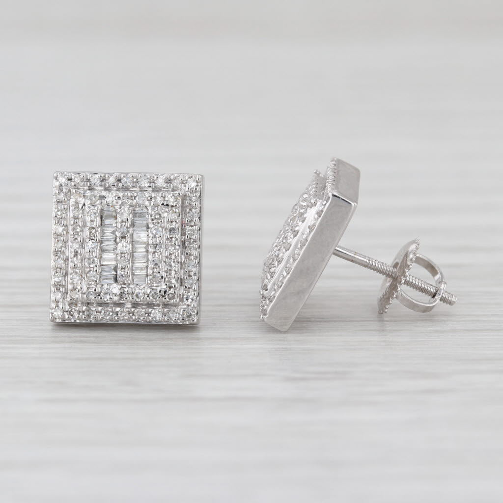 0.37ctw Pave Diamond Square Stud Earrings 14k White Gold Screw Backs Studs