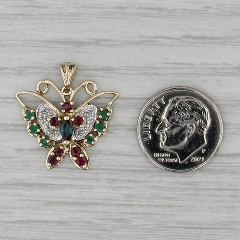 0.78ctw Gemstone Butterfly Pendant 10k Gold Ruby Emerald Sapphire Diamond