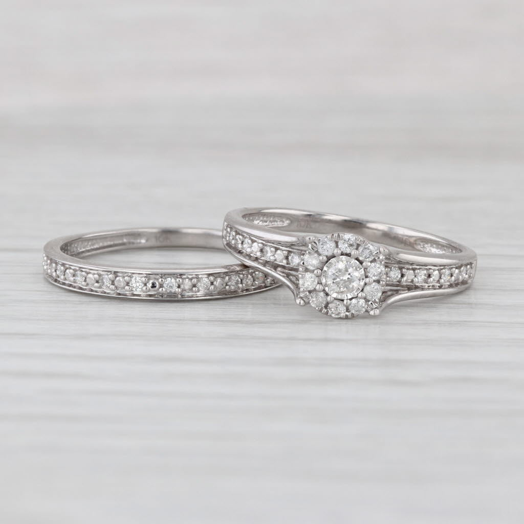 0.22ctw Diamond Halo Engagement Ring Wedding Band 10k White Gold Bridal Set Sz 7