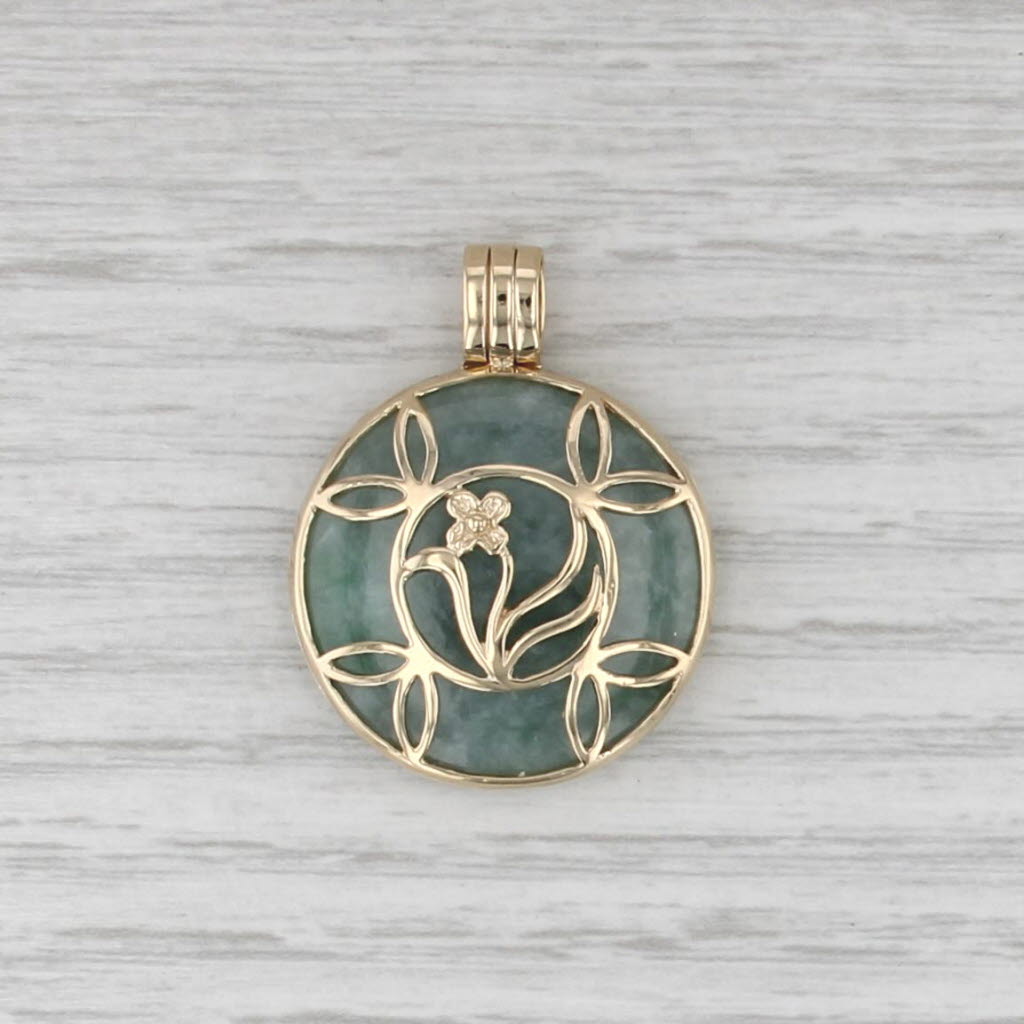 Green Jadeite Jade Cabochon Floral Framed Reversible Pendant 14k Yellow Gold