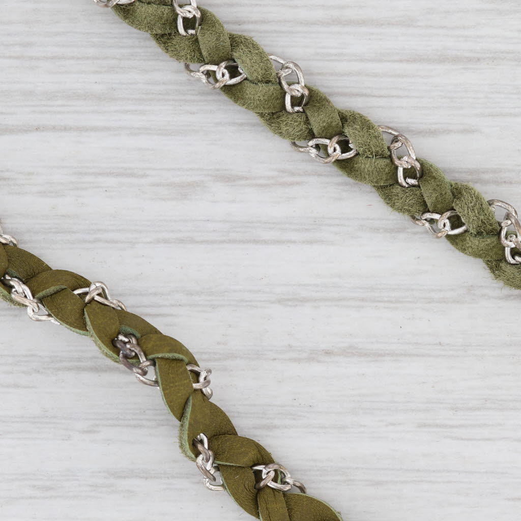 New Nina Wynn Cordelia Necklace White Druzy Quartz Pendant Woven Green Leather
