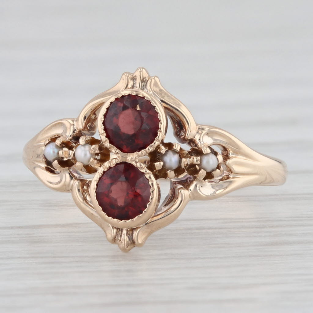 Light Gray Victorian Garnet Seed Pearl 10k Yellow Gold Size 6.5 Antique Ring