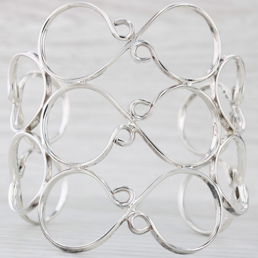 Light Gray Open Work Cuff Bracelet Sterling Silver Mexico 7" Statement