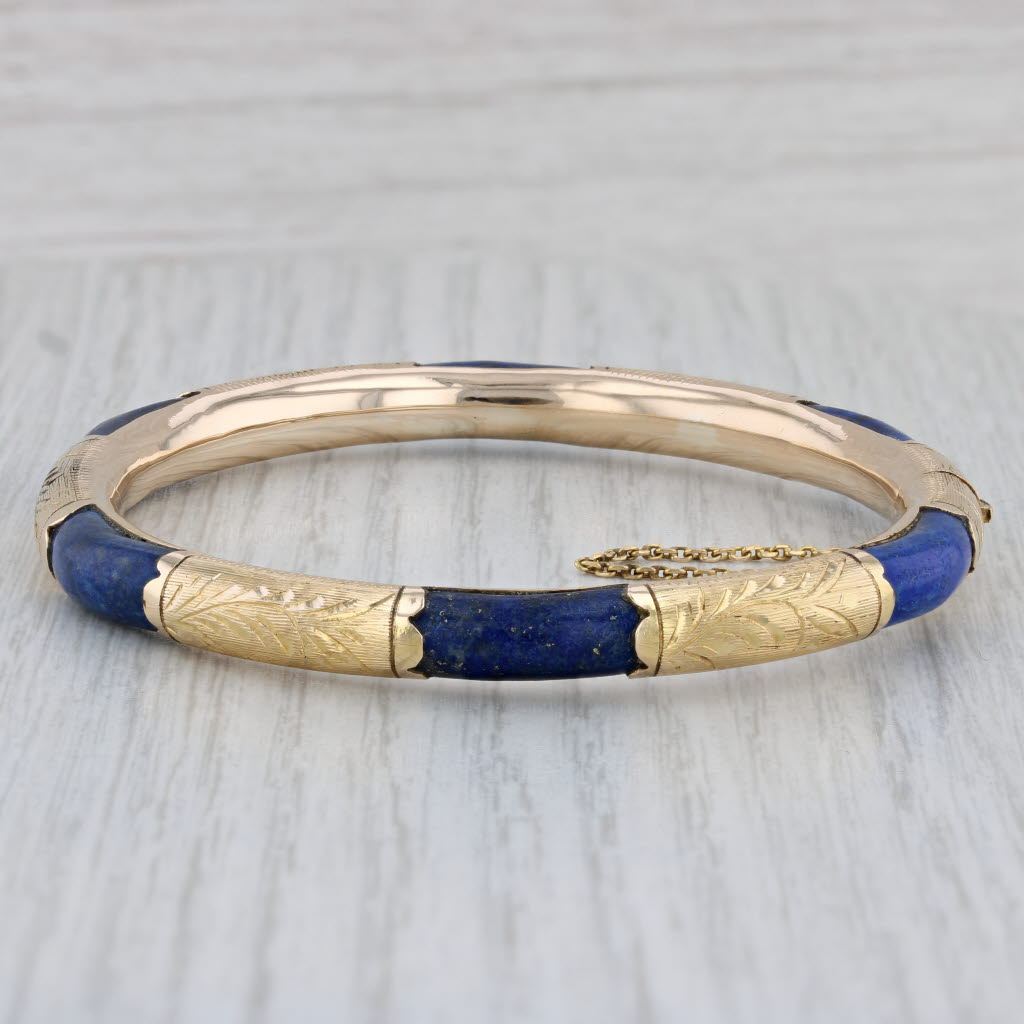 Gray Vintage Lapis Lazuli Bangle Bracelet 14k Yellow Gold 7.5" 6.7mm Ornate