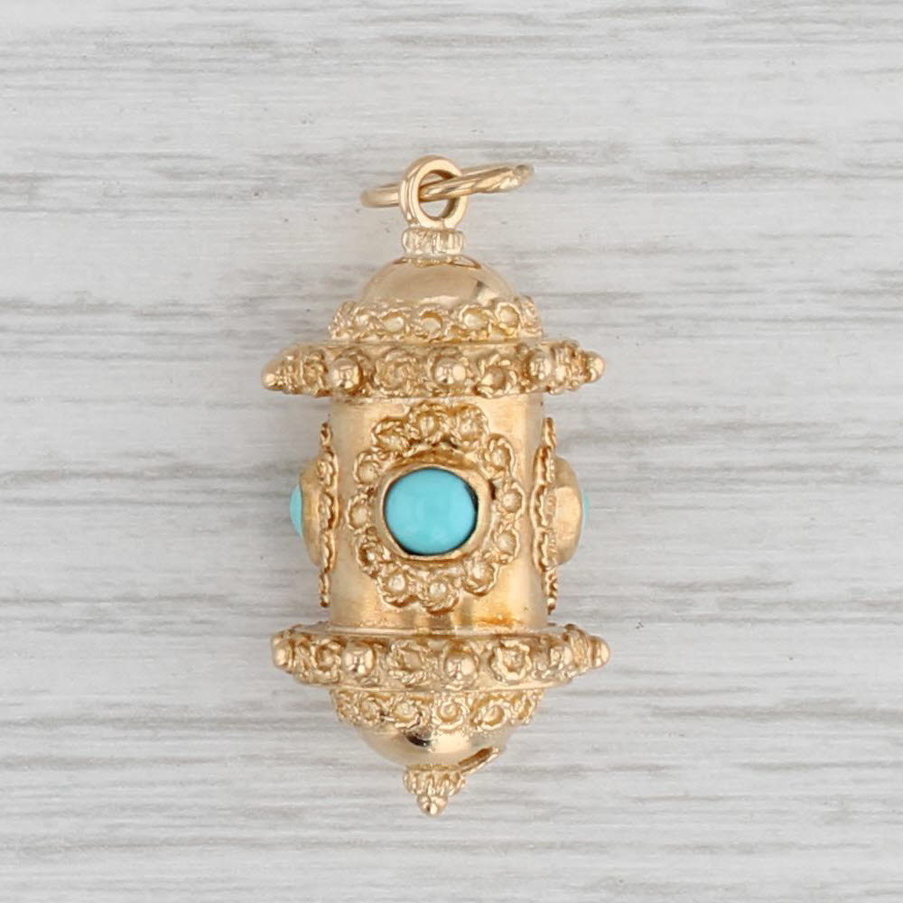 Gray Vintage Etruscan Style Ornate Lantern Charm 18k Yellow Gold Imitation Turquoise