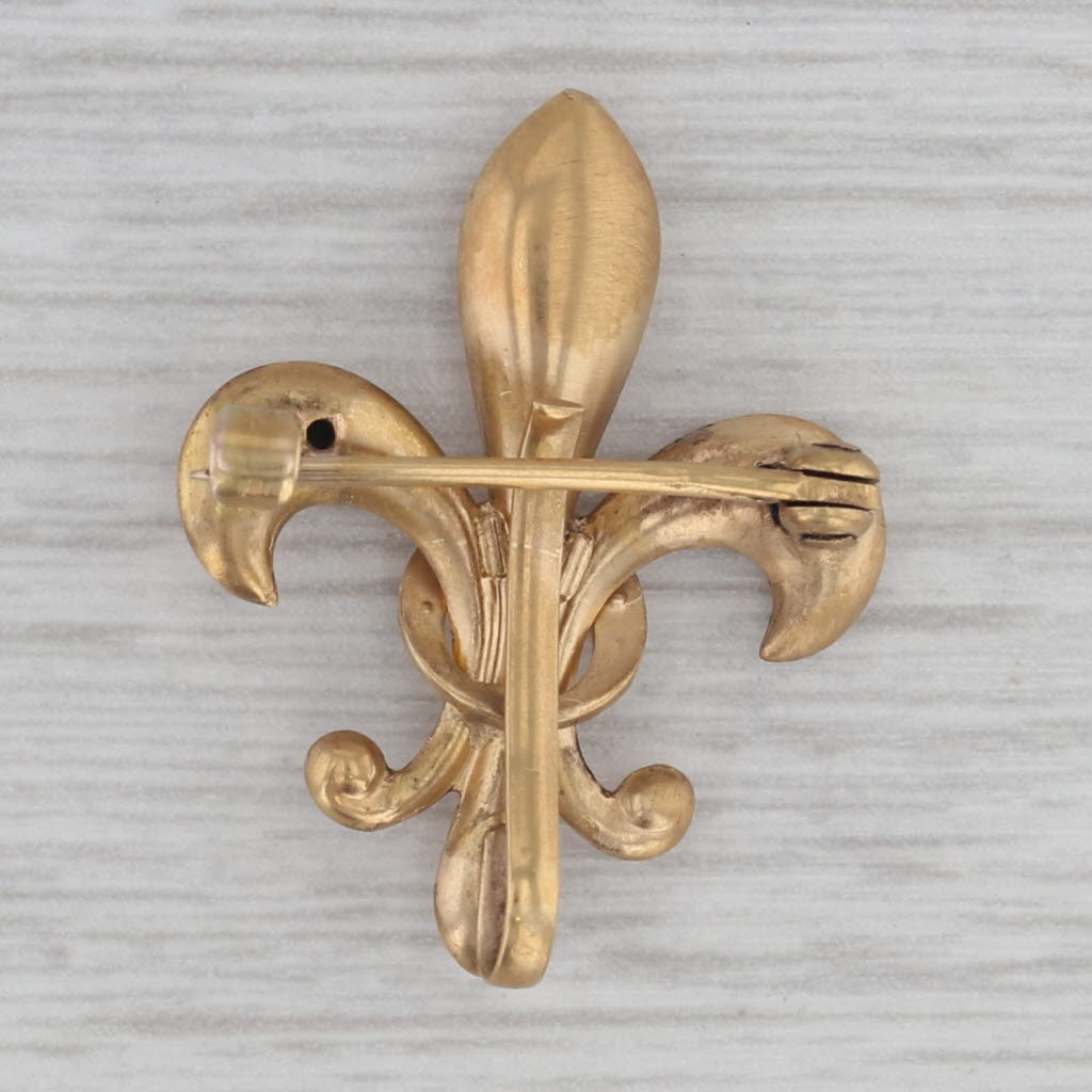 Gray Antique Fleur De Lis Pin 10K Yellow Gold Matte Seed Pearl Brooch