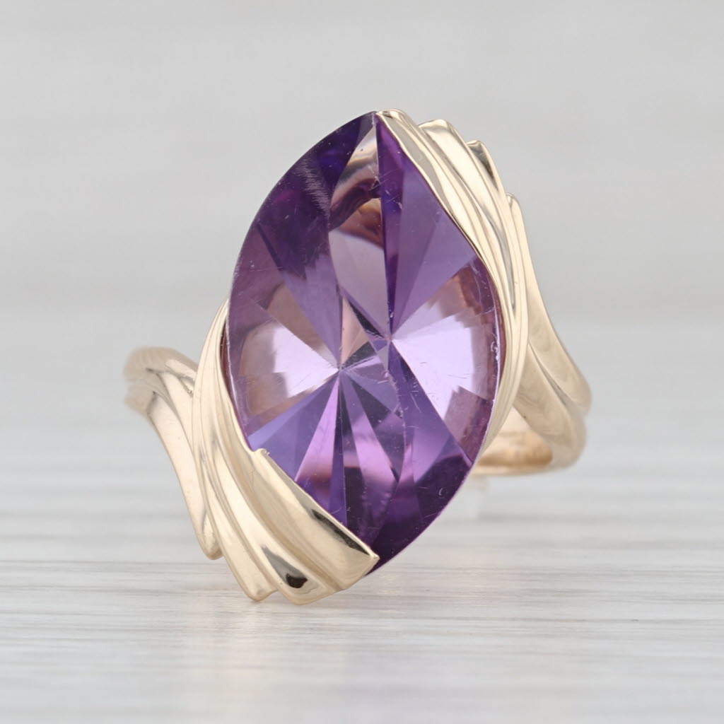 10ct Amethyst Fantasy Marquise Solitaire Ring 14k Yellow Gold Size 6.5