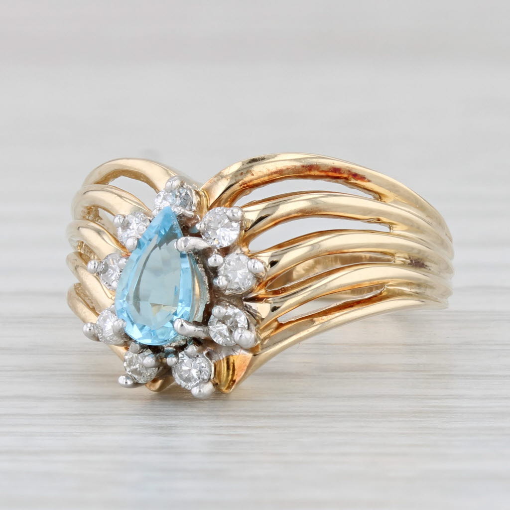 Light Gray 0.86ct Pear Blue Topaz Diamond Ring 14k Yellow Gold Size 7 Contoured V