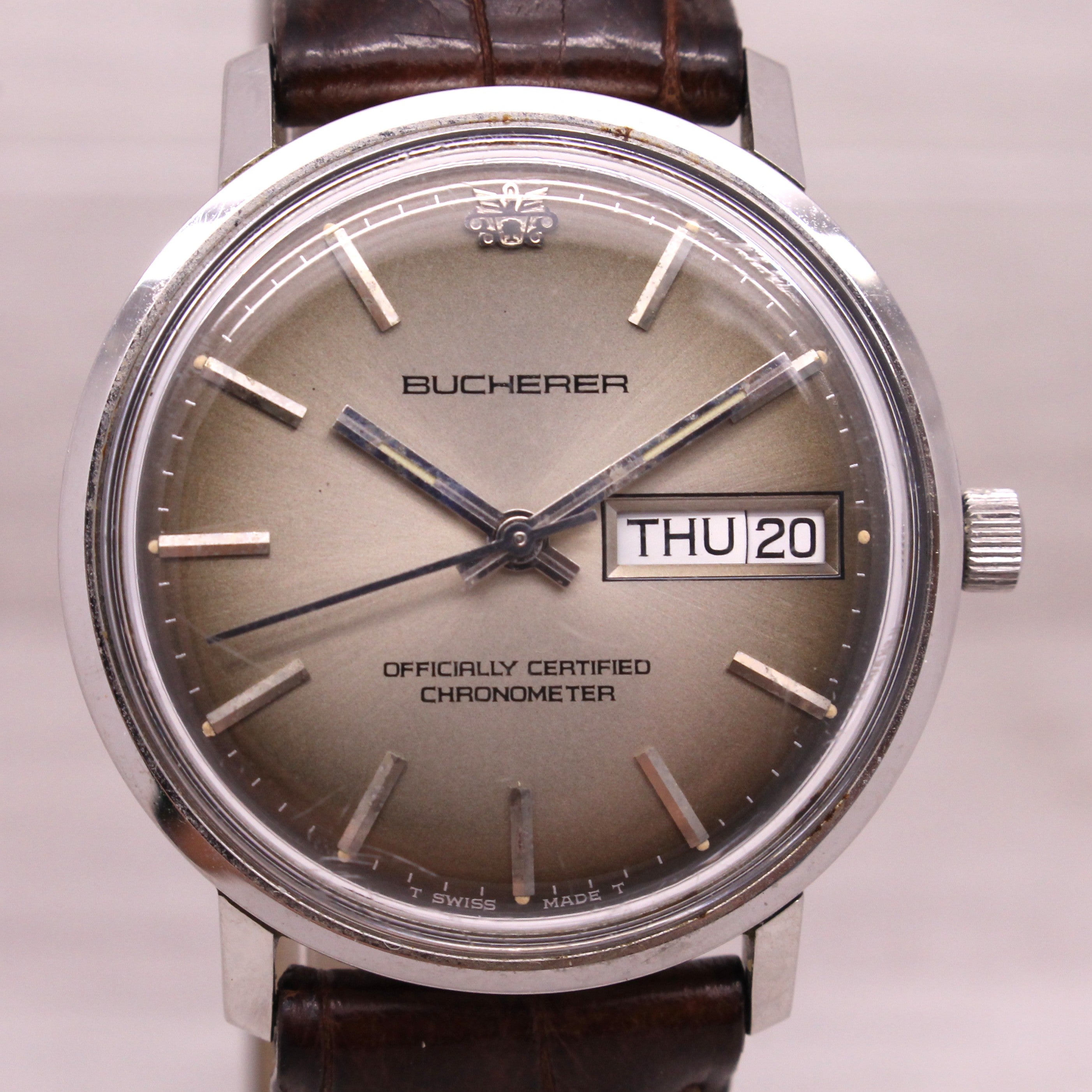 Gray Vintage Bucherer Officially Cert Chronometer Mens 34mm Steel Automatic Watch