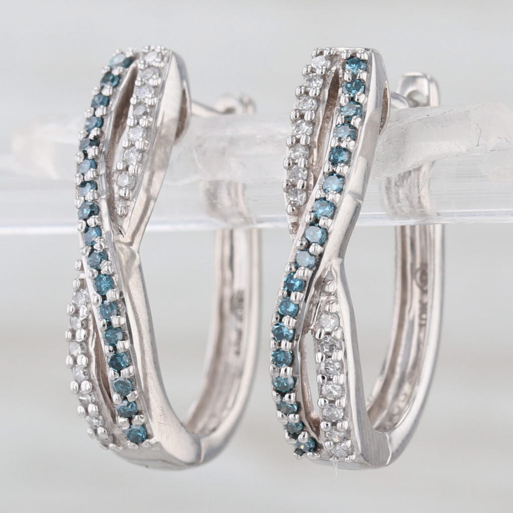 0.24ctw Blue White Diamond Crossover Hoop Earrings 10k White Gold Oval Hoops