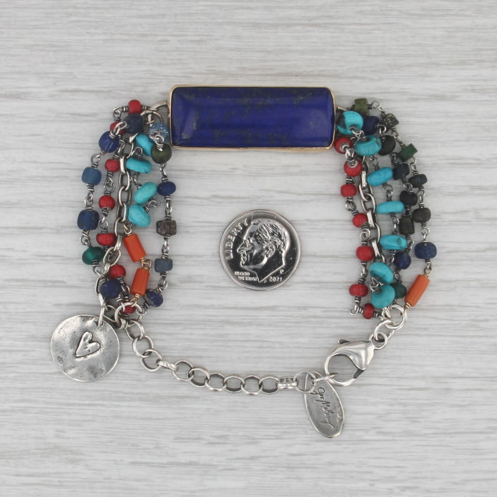 Jes Maharry Lapis Lazuli Coral Turquoise Bead Bracelet Sterling Silver Heart