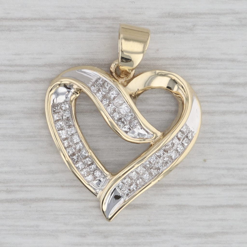 Gray 0.50ctw Princess Diamond Open Heart Pendant 10k Yellow Gold