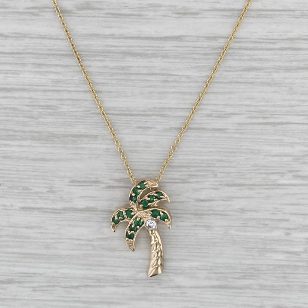 0.29ctw Emerald Diamond Palm Tree Pendant Necklace 14k Yellow Gold 18"