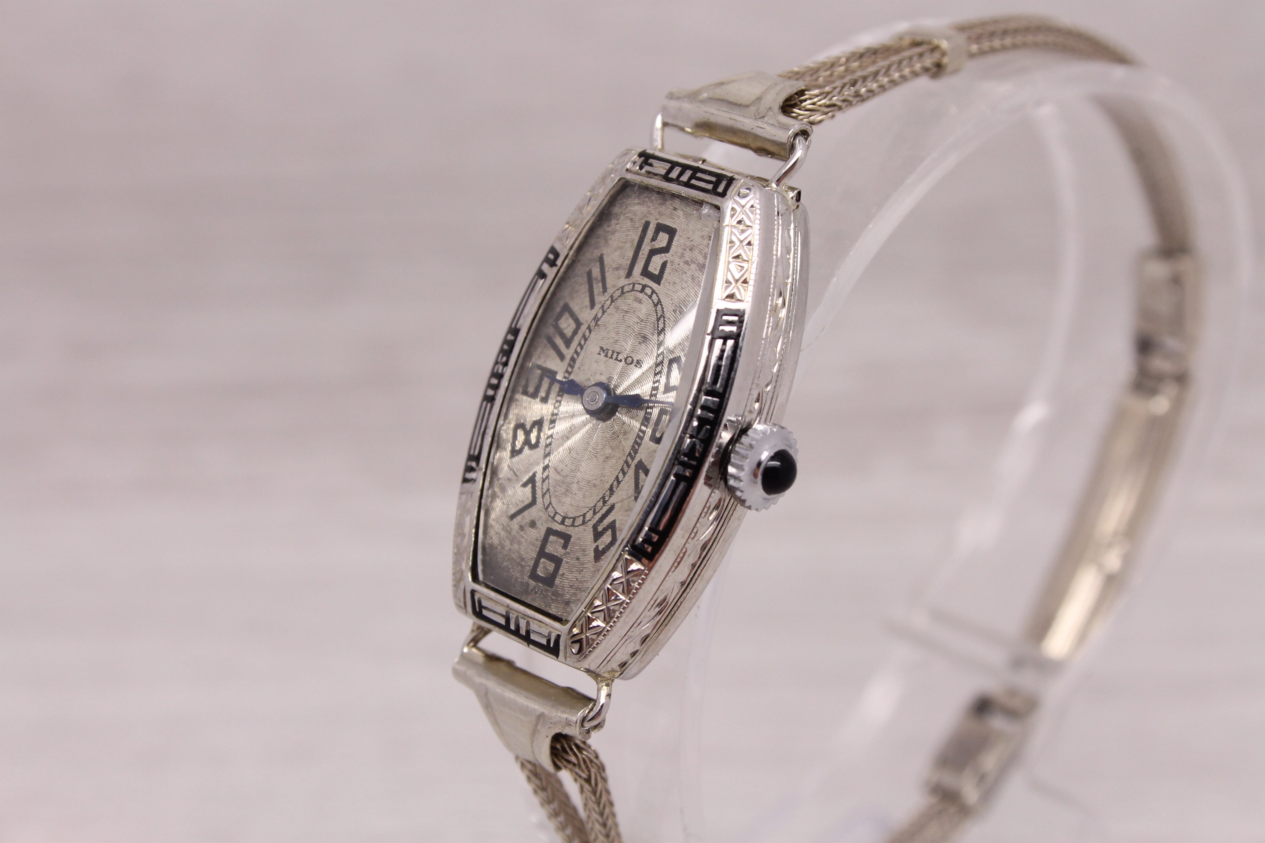 Gray Antique Milos Ladies 18k White Gold & Enamel Art Deco Wrist Watch Serviced