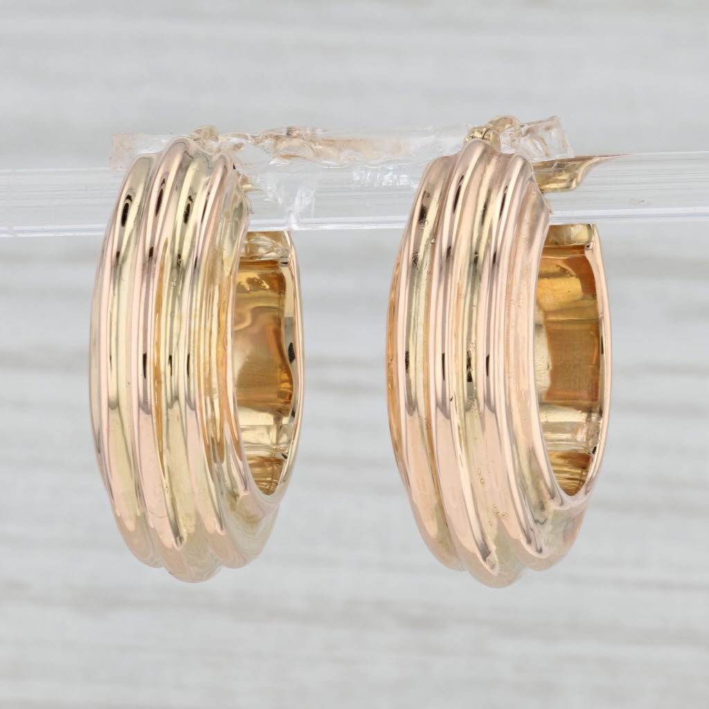 Gray Beveled Hoop Earrings 18k Yellow Gold Snap Top Round Hoops