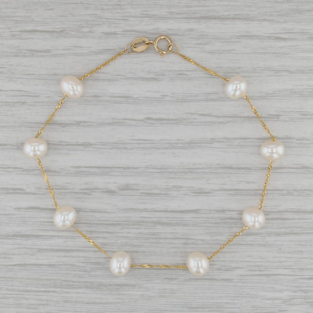 Cultured Pearl Station Bracelet 14k Yellow Gold 6.75" Singapore Chain