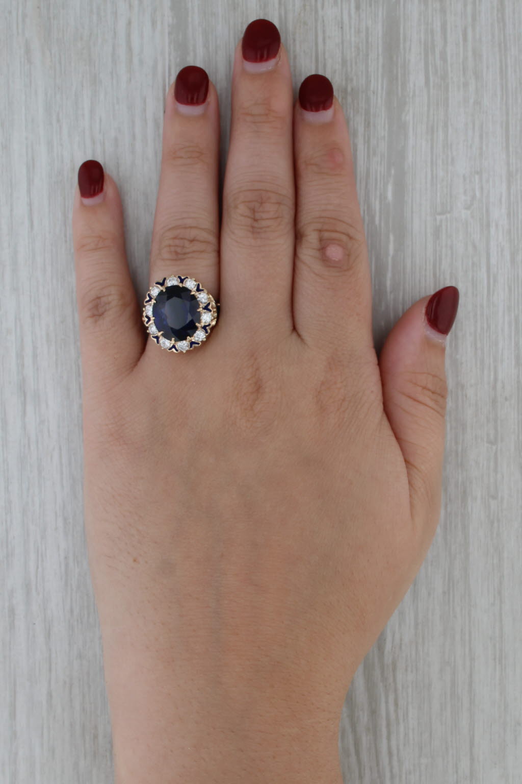 Vintage 8.90ctw Lab Created Sapphire Diamond Halo Ring 14k Yellow Gold Cocktail