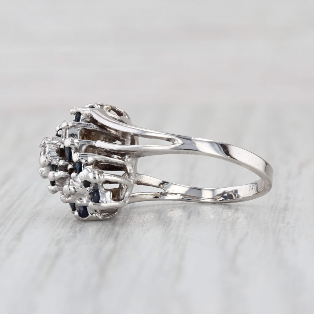 0.89ctw Blue Sapphire Diamond Flower Cluster Bypass Ring 14k White Gold Size 6