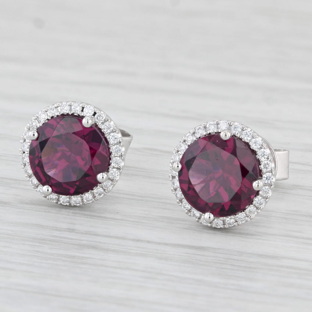 Light Gray New 4.15ctw Rhodolite Garnet Diamond Halo Stud Earrings 14k White Gold