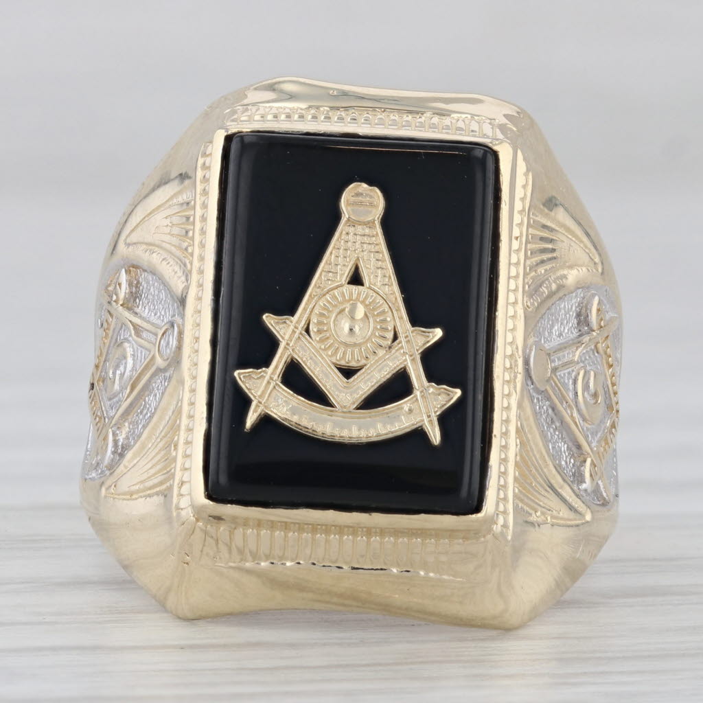 Gray Past Master Mason Signet Ring 10k Gold Onyx Square Compass Sun Masonic Size 9