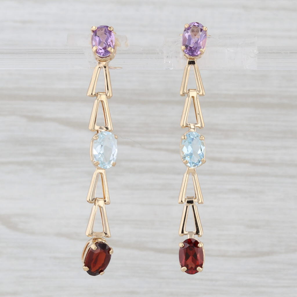 Light Gray 3ctw 3-Stone Journey Dangle Earrings 14k Gold Topaz Amethyst Garnet