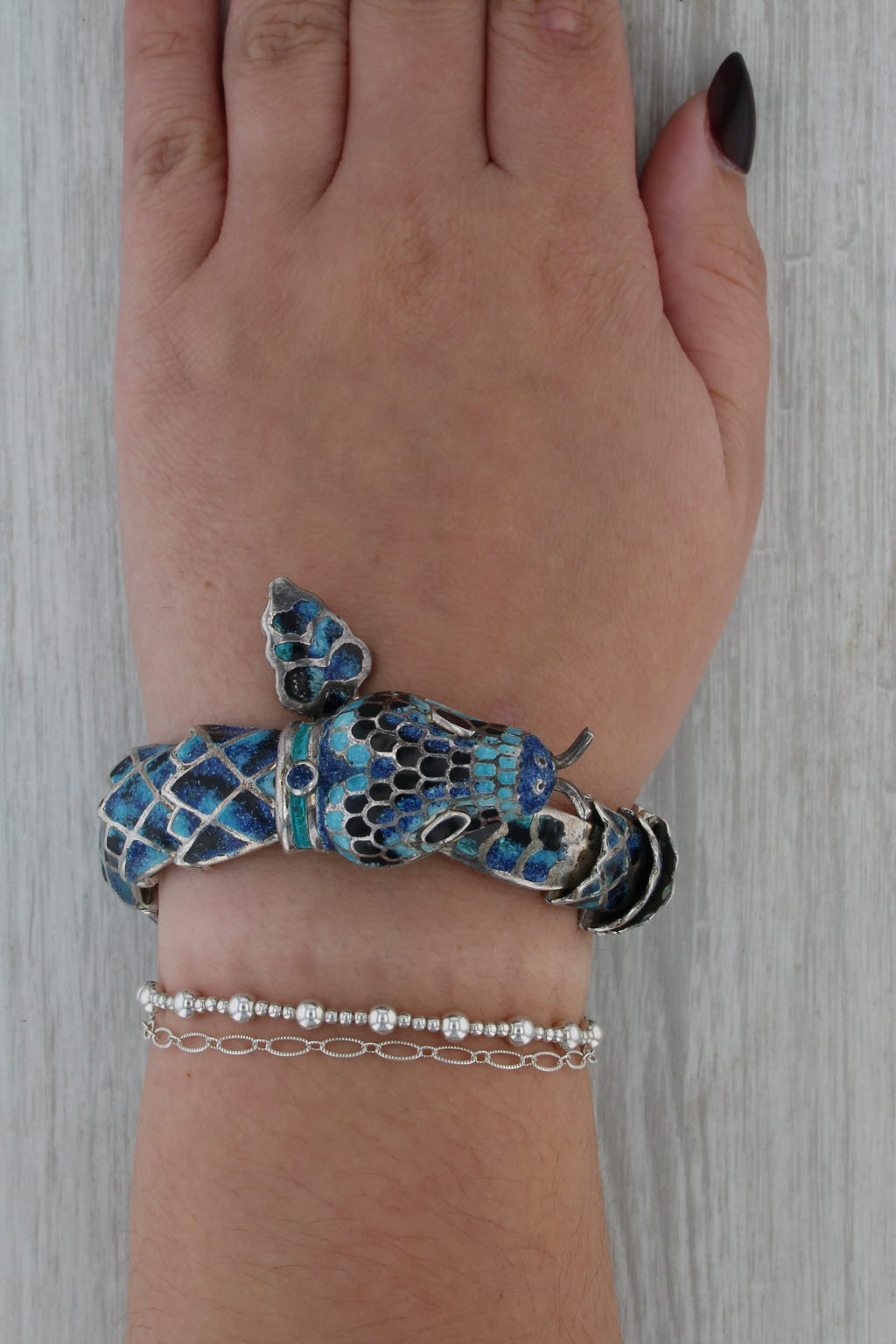 Snake Bangle Bracelet Jeronimo Fuonks Taxco Mexico Sterling Silver Enamel 7.75"
