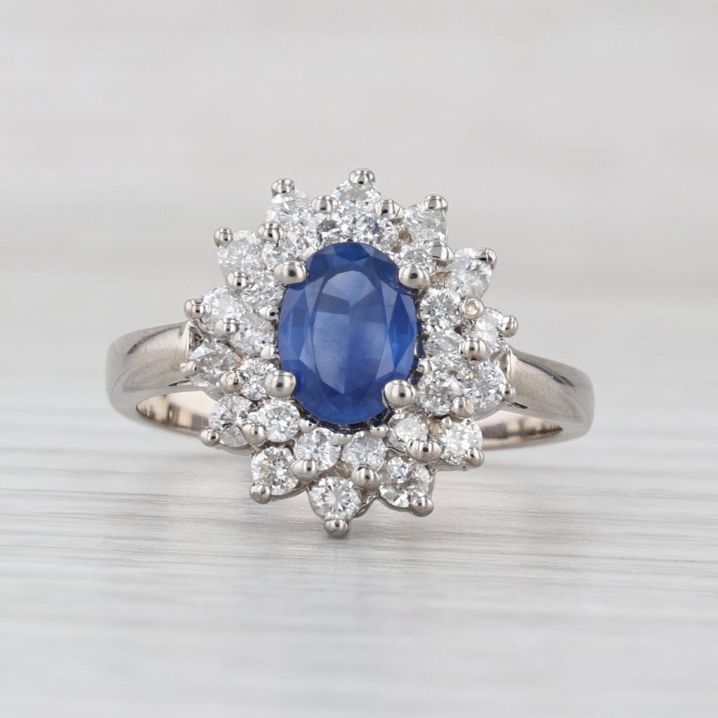 1.73ctw Oval Blue Sapphire Diamond Halo Ring 14k White Gold Size 8 Engagement