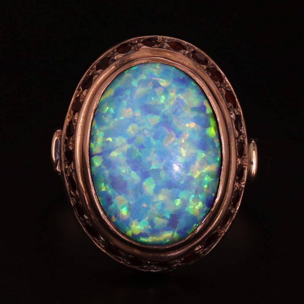 Black Lab Created Opal Garnet Halo Ring 14k Rose Gold Size 6.75