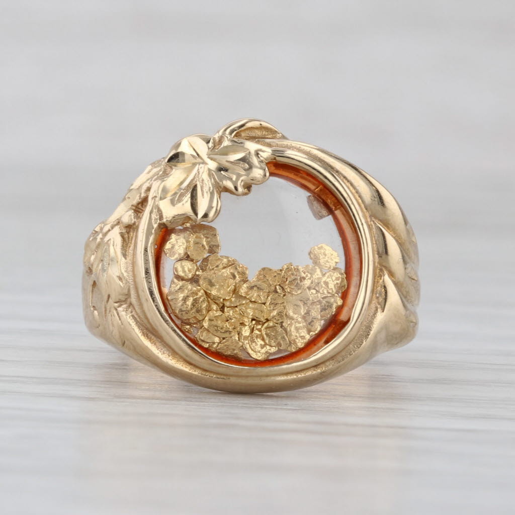 Floating Gold Nuggets Leaf Signet Ring 14k Yellow Gold Size 7 Floral